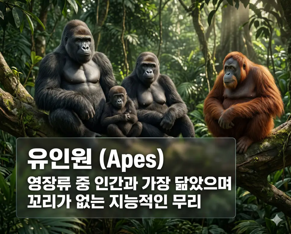 영장류 뜻, 유인원 뜻, 호모 사피엔스 뜻: 인류의 기원과 진화 과정 완벽 가이드 2 유인원 뜻을 시각화하기 위해 꼬리가 없으며 지능이 높고 인간과 유전적으로 가까운 유인원 무리의 신체적 특징을 담은 이미지