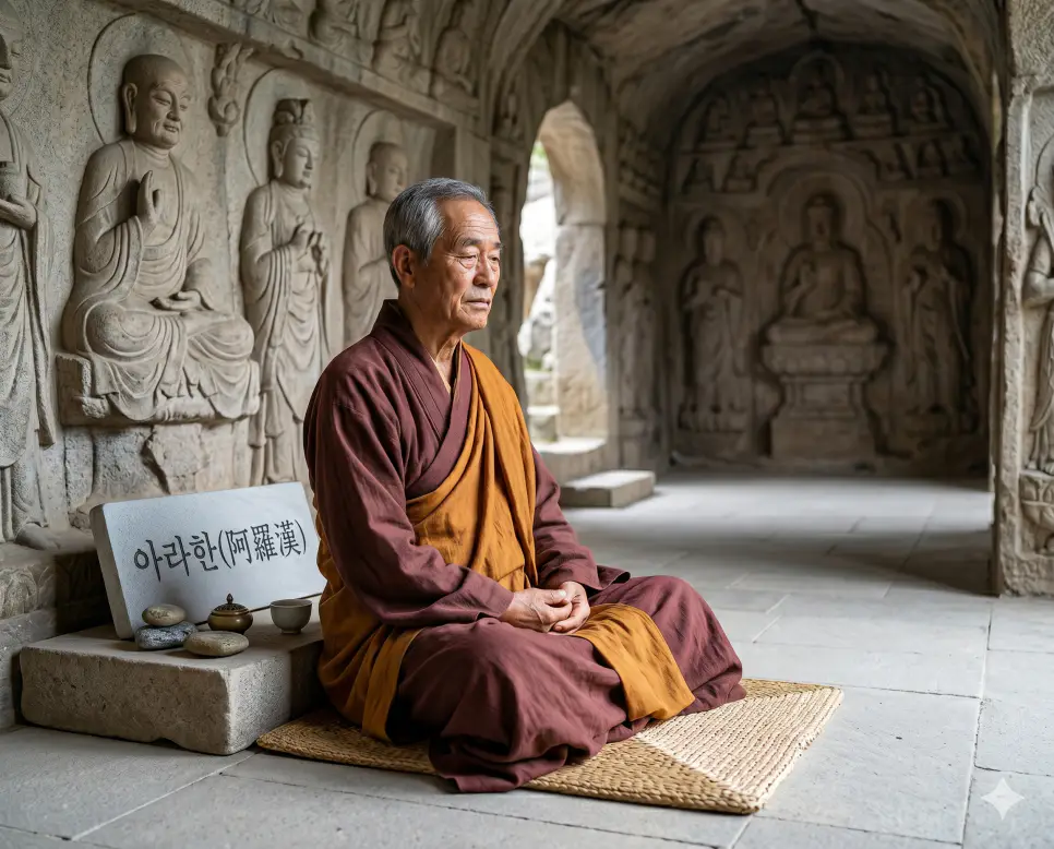 보살 뜻, 아라한 뜻, 참선 뜻: 중생 구제의 서원과 번뇌를 끊어내는 마음 수행법 2 아라한 뜻 성자 경지를 시각화하기 위해 고요한 석굴 사원 안에서 모든 번뇌를 끊어낸 성자가 깊은 사색에 잠겨 있는 인물 실사 모습