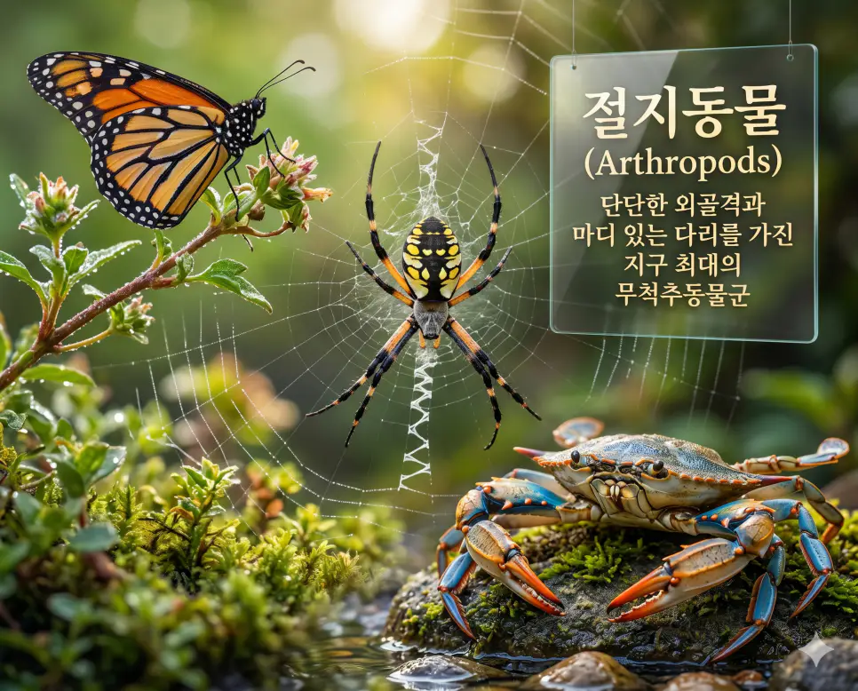 양서류 뜻, 절지동물 뜻, 원생생물 뜻: 생명 진화의 신비와 거대 생물군 분석 2 절지동물 뜻을 시각화하기 위해 단단한 외골격과 마디 구조를 가진 곤충과 게 등의 거대한 무척추동물 분류군을 담은 이미지