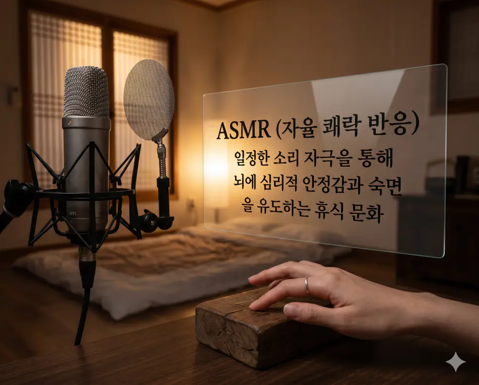 ASMR 뜻을 설명하기 위해 일정한 소리 자극을 통해 뇌에 심리적 안정감과 숙면을 유도하는 현대인의 휴식 문화를 초정밀 실사로 시각화한 이미지