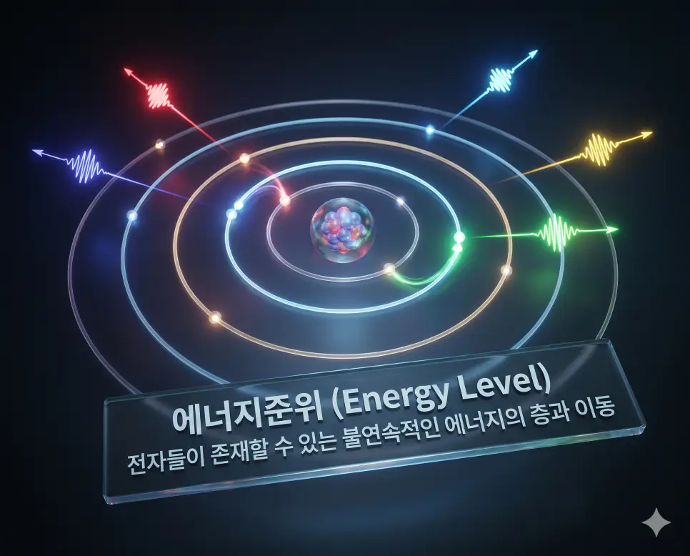양성자 뜻, QED 뜻, 에너지준위 뜻: 미시 세계의 구조와 양자 상호작용 완벽 가이드 3 에너지준위 뜻을 설명하기 위해 전자들이 원자 내에서 불연속적인 층에 존재하며 빛을 흡수하거나 방출하며 이동하는 과정을 담은 이미지