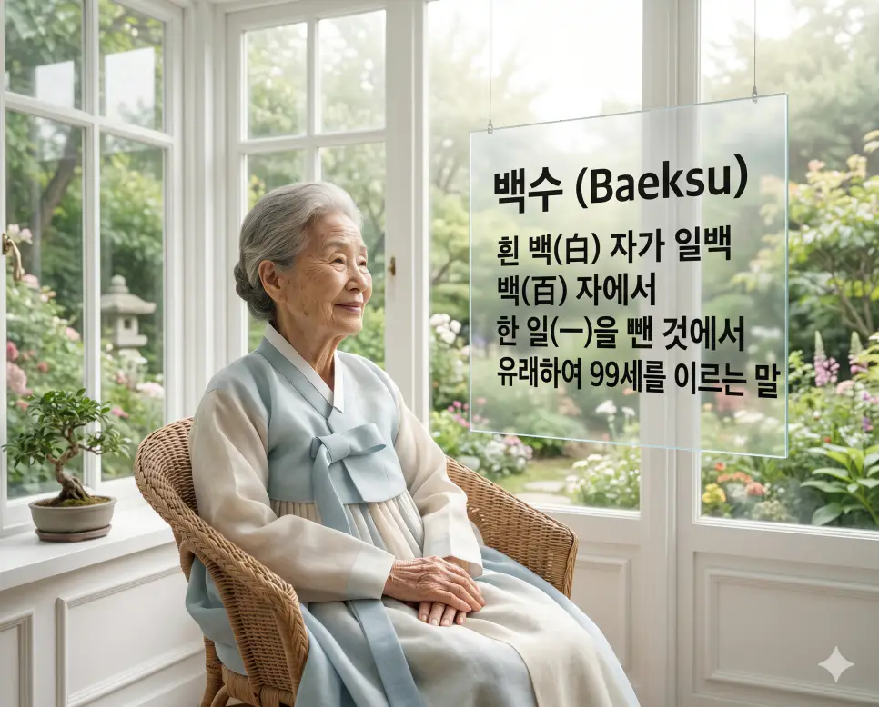 희수 뜻, 미수 뜻, 백수 뜻: 77세 88세 99세 장수를 축복하는 아름다운 우리말 명칭 정리 3 백수(Baeksu)의 숭고한 99세 안식을 즉각적으로 인지할 수 있도록, 눈부신 햇살이 쏟아지는 하얀 실내 정원 안에서 고결한 미소를 지으며 무릎 위에 손을 정갈하게 모으고 앉아 있는 99세 한국인 할머니의 모습을 촬영한 고해상도 실사 이미지입니다. 백 세에서 하나를 뺀 아흔아홉 세의 숭고한 장수와 평화로움을 인물의 인자한 표정과 성스러운 조명을 통해 직관적으로 시각화했습니다.