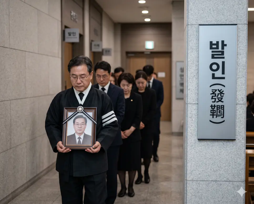 발인 뜻, 운구 뜻, 하관 뜻: 고인을 장지로 모시는 장례의 마지막 여정과 의례 1 발인 뜻 상장례 예법을 설명하기 위해 장례식장 복도 내부에서 상주가 조상의 영정 사진을 들고 정중히 발인 절차를 진행하는 인물 실사 이미지