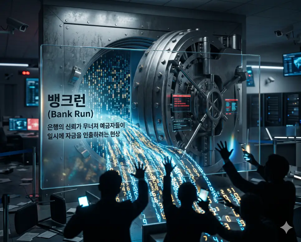 규모의 경제 뜻, 지정학적 리스크 뜻, 뱅크런 뜻: 경제 성장과 위기 분석 정리 3 뱅크런(Bank Run)의 긴박한 현상을 상세히 전달하기 위해 은행의 금고 문이 열리고 예금자들이 일시에 자금을 인출하며 발생하는 지급 불능 위기를 시각화한 자료입니다. 금융권 전체의 시스템 위기로 번질 수 있는 치명적인 금융 재난과 신뢰 붕괴의 순간을 상징적으로 구현하였습니다.