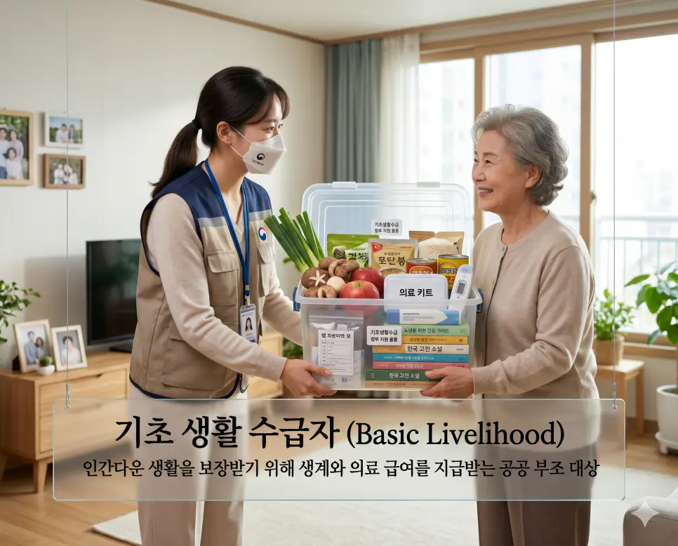 기초 생활 수급자 뜻을 시각화하기 위해 최저 생계비 이하 가구의 인간다운 생활을 보장하는 공공 부조 서비스와 국가적 지원 체계를 담은 이미지