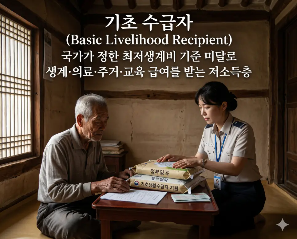 주거급여 수급자 뜻, 기초 수급자 뜻, 영세민 뜻: 복지 안정 지원과 최저생계비 저소득층 개념 총정리 2 기초 수급자의 정책적·경제적 개념을 직관적으로 설명하기 위해, 다소 노후하고 소박한 한국 전통 가옥 방 안 창문으로 들어오는 무거운 역광 조명 아래에서 최저생계비 기준에 미달하여 절대적 빈곤을 겪는 고령의 한국인 할아버지가 정기 방문한 지자체 사회복지 공무원에게 생계 및 의료 급여 보장 안내문과 양곡 지원 물품을 전달받으며 상담을 나누는 풍경을 근접 촬영한 고해상도 실사 이미지입니다. 국가가 법적으로 보장하는 최소한의 인간다운 생활 급여 수혜 대상을 인물 중심의 구체적인 지원 행위를 통해 한눈에 파악할 수 있도록 구현했습니다.