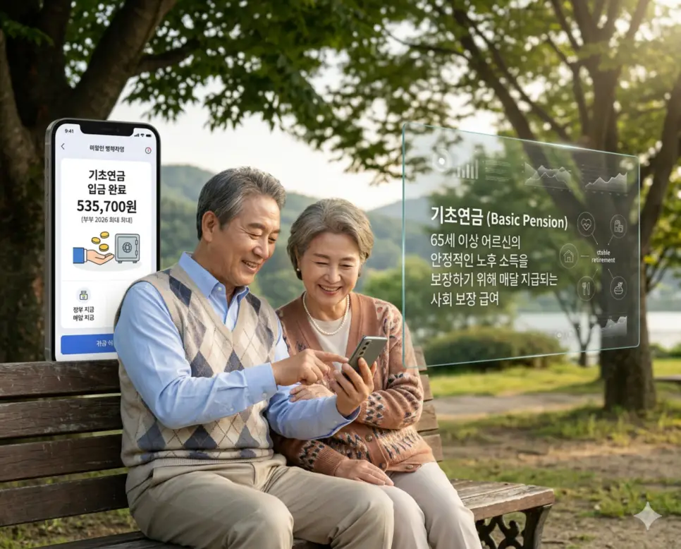 기초연금 뜻을 시각화하기 위해 65세 이상 어르신 중 소득 인정액 기준을 충족하는 분들에게 국가가 지급하는 사회 보장 급여와 안정적인 노후 모습을 담은 이미지