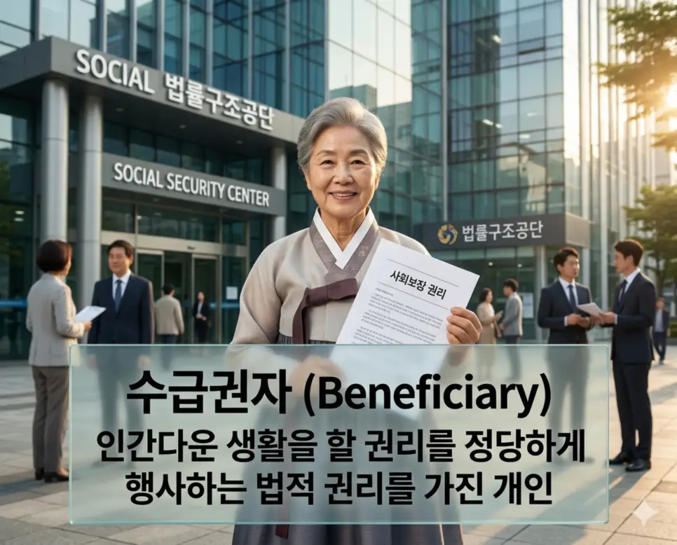 수급권자 뜻을 설명하기 위해 법령에 따라 사회 복지 급여를 받을 법적 권리를 지닌 개인이 인간다운 생활을 할 권리의 주체로서 당당하게 서 있는 장면을 표현한 시각 자료