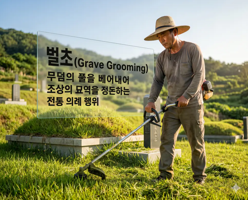 이장 뜻, 성묘 뜻, 벌초 뜻: 조상의 묘소를 옮기고 돌보는 전통 예법과 묘역 관리 상식 정리 3 벌초(Grave Grooming)의 정성 어린 의례 행위를 즉각적으로 인지할 수 있도록, 추석 명절 전 햇살이 뜨거운 산소 부지에서 한 중년의 한국인 남성이 조상의 묘역을 깨끗이 정돈하기 위해 이마에 땀방울이 맺힌 채 집중하여 자라난 풀을 베어내고 봉분을 다듬는 장면을 촬영한 고해상도 실사 이미지입니다. 자손으로서 도리를 다해 묘를 가꾸는 정성을 인물의 역동적인 동작과 깨끗하게 정돈되어 가는 묘역의 대비를 통해 직관적으로 시각화했습니다.