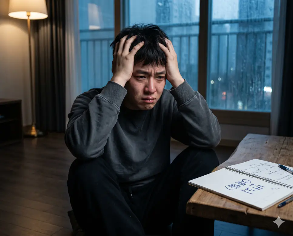 번뇌 뜻, 윤회 뜻, 열반 뜻: 세속적 집착을 끊고 도달하는 궁극적인 해탈과 평온 1 번뇌 뜻 정신적 고통을 설명하기 위해 어두운 방 내부에서 청년이 머리를 감싸 쥐고 세속적 집착에 고뇌하는 인물 실사 이미지