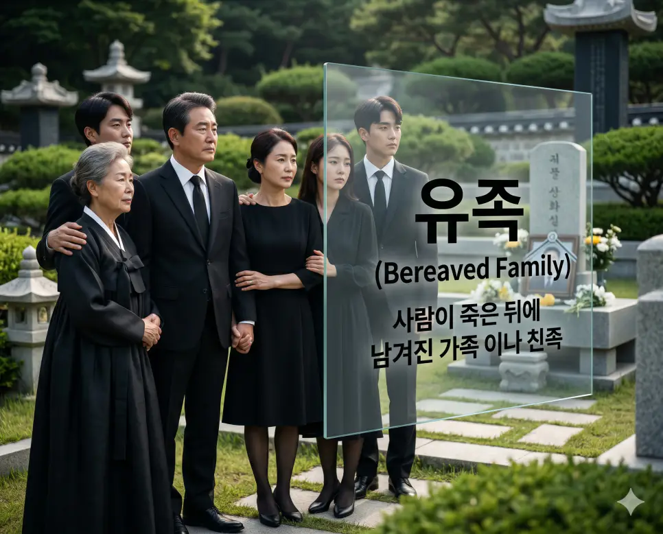 유언 뜻, 유서 뜻, 유족 뜻: 법률적 의사 표시와 마지막 심경 및 남겨진 가족 개념 정리 3 유족(Bereaved Family)의 숭고한 그리움과 연대감을 즉각적으로 인지할 수 있도록, 평온한 야외 추모 정원에서 검정 상복을 입은 한국인 가족들이 서로의 손을 맞잡고 위로하며 고인에 대한 존경과 그리움이 담긴 표정으로 함께 서 있는 따뜻한 장면을 촬영한 고해상도 실사 이미지입니다. 사람이 죽은 뒤 남겨진 이들의 아픔을 서로 보듬어주는 가족애를 인물들의 따뜻한 교감과 정갈한 분위기를 통해 직관적으로 시각화했습니다.