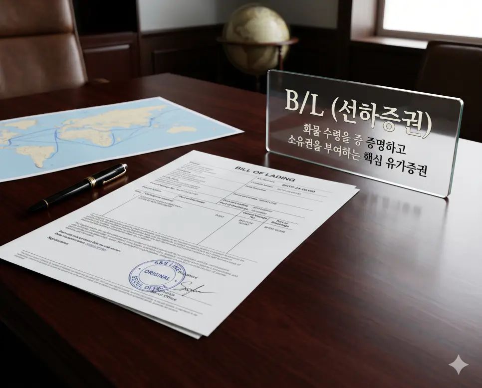 B/L 뜻을 시각화하기 위해 화물의 소유권을 증명하는 선하증권 서류와 업무 데스크 전경을 담은 고화질 사진