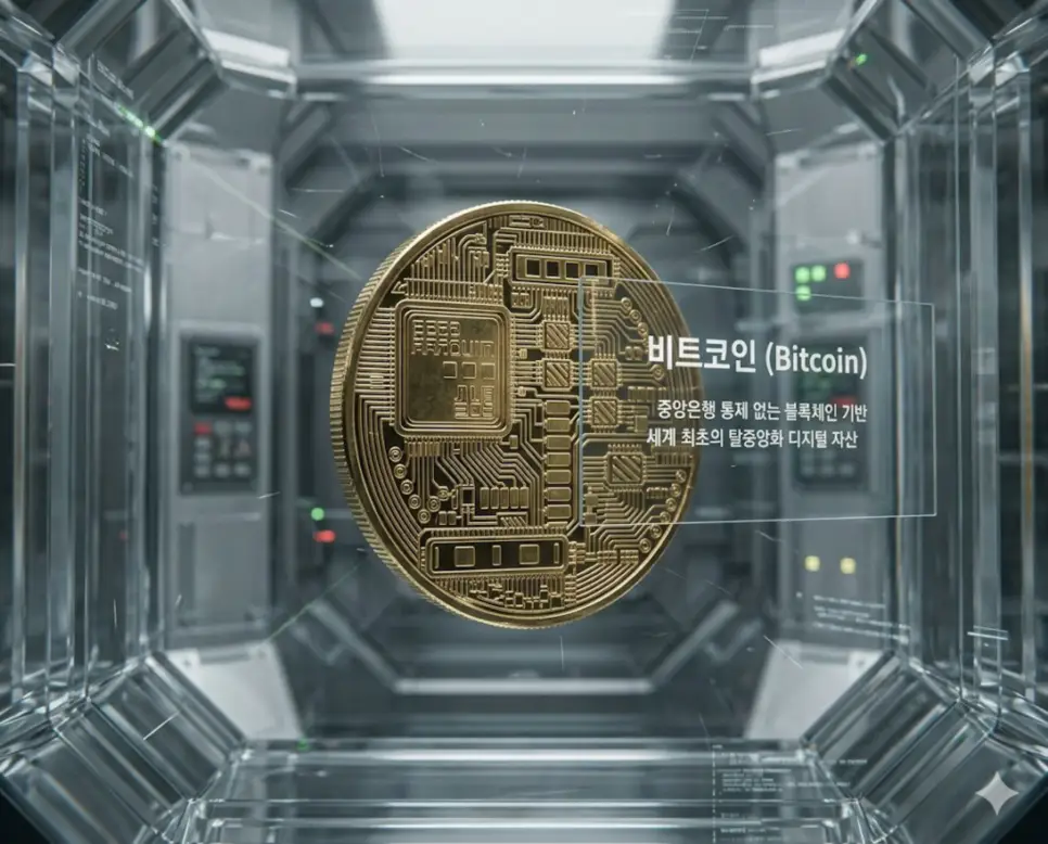 비트코인(Bitcoin)의 뜻과 상징성을 시각화하기 위해 중앙은행의 통제 없이 블록체인 기술을 기반으로 발행된 세계 최초의 탈중앙화 디지털 자산을 고해상도 금빛 코인의 모습으로 실사처럼 구현한 이미지입니다. 가상자산 시장의 기축통화이자 가치 저장 수단으로서의 권위를 현대적인 보안 금고 배경과 함께 담아냈습니다.
