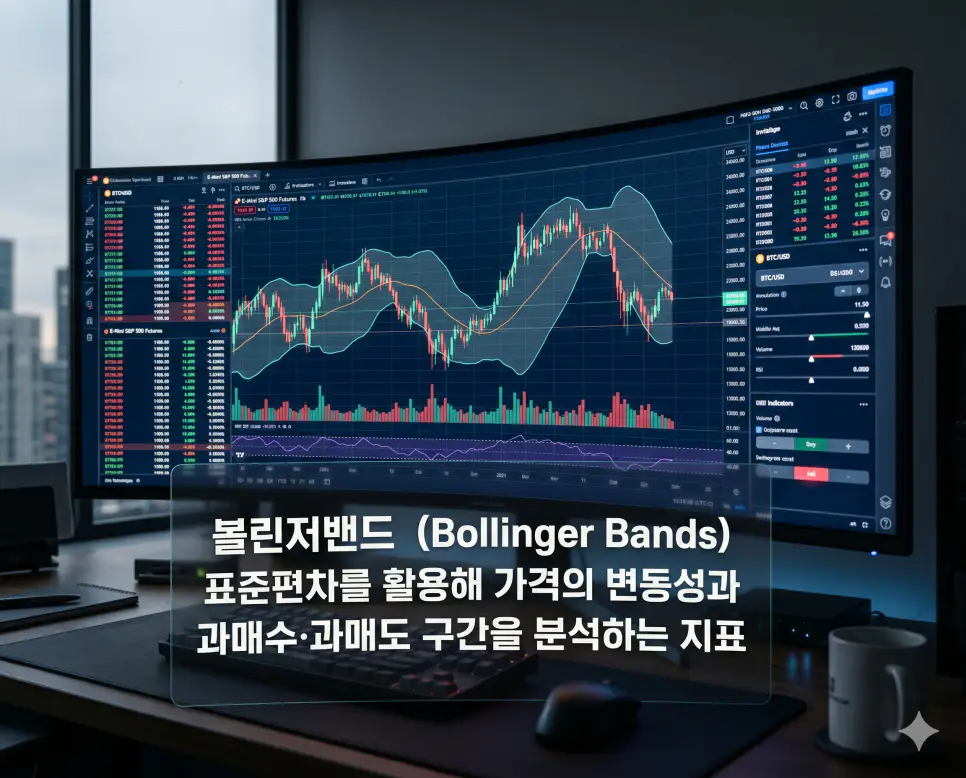 스테이킹 뜻, 레퍼럴 뜻, 볼린저밴드 뜻: 가상자산 투자와 기술적 분석 정리 3 볼린저밴드(Bollinger Bands)의 기술적 분석 과정을 상세히 전달하기 위해 주가나 가상자산의 이동평균선을 중심으로 표준편차 범위를 그려 가격의 변동성을 파악하는 차트 화면을 담은 자료입니다. 밴드 내 가격 움직임을 통해 과매수와 과매도 구간을 분석하고 향후 추세를 예측하는 전문적인 투자 도구의 모습을 시각화했습니다.