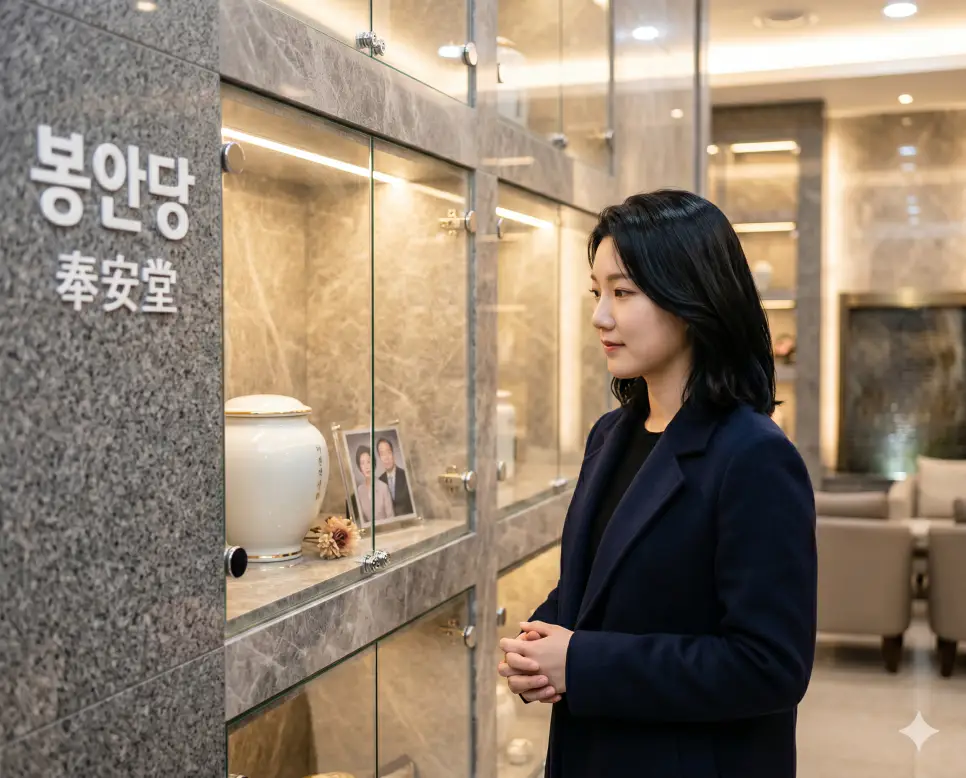 묘소 뜻, 산소 뜻, 봉안당 뜻: 고인을 모시는 추모 공간의 정의와 장제 시설의 차이점 3 봉안당 뜻 시설을 시각화하기 위해 대리석으로 마감된 실내 추모관 안에서 한 여성이 유골함이 담긴 안치단을 살피는 인물 실사 이미지