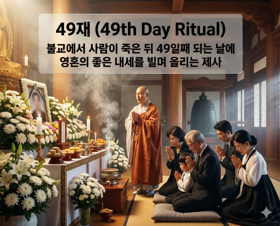 49재(49th Day Ritual)의 신성한 불교적 개념을 즉각적으로 인지할 수 있도록, 은은한 금빛 조명과 향연이 가득한 산사 법당 안에서 자비로운 표정의 스님과 간절히 기도하는 가족들이 고인의 영정 앞에서 내세의 평온을 빌며 정성껏 제를 올리는 장면을 묘사한 고해상도 실사 이미지입니다. 죽은 지 49일째에 올리는 불교식 제사의 숭고함을 인물들의 경건한 기도와 사찰의 신비로운 분위기를 통해 직관적으로 시각화했습니다.