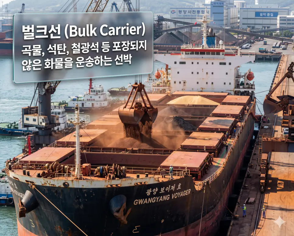 벌크선 뜻을 정의하기 위해 항만에서 철광석과 같은 대량의 비포장 화물을 적재하고 있는 거대한 벌크 화물선의 하역 현장을 기록한 실사 이미지