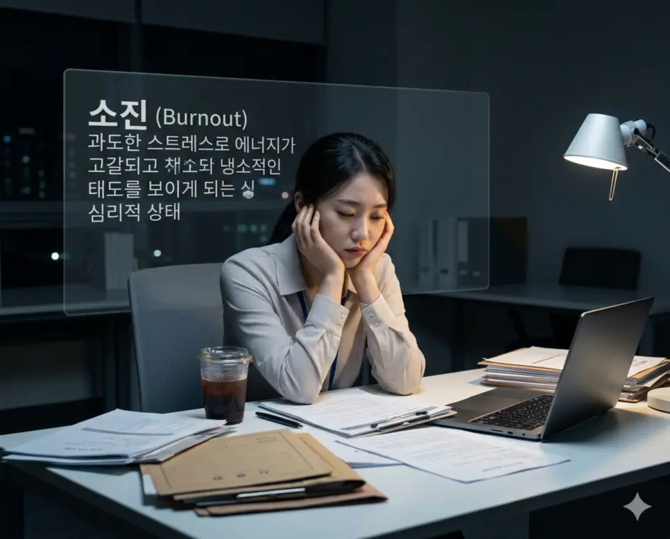 재가 급여 뜻, 소진 뜻, 모금 뜻: 따뜻한 돌봄과 지속 가능한 나눔 2 소진 뜻을 시각화하기 위해 과도한 업무 스트레스로 인해 신체적, 정신적 에너지가 고갈된 상태를 사실적으로 묘사한 이미지