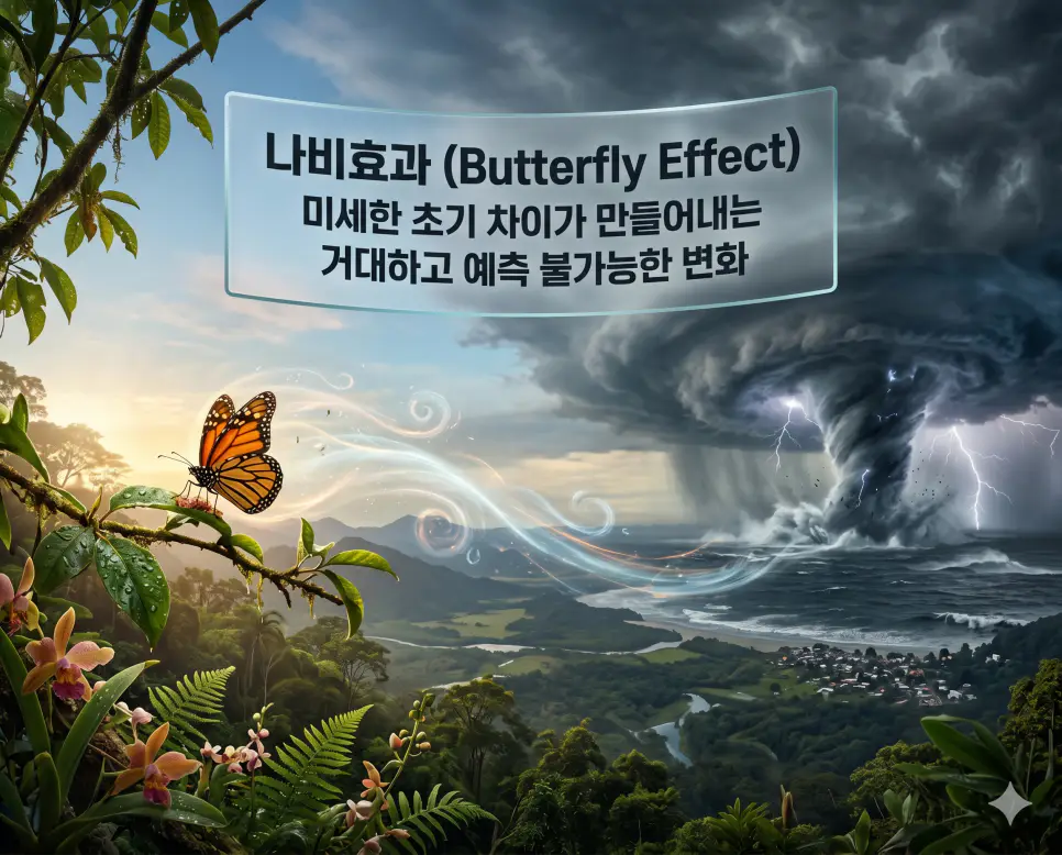 진폭 뜻, 원심력 뜻, 나비효과 뜻: 파동의 에너지와 회전 관성 및 복잡계 이론 정리 3 나비효과 뜻을 설명하기 위해 작은 기상 변화가 시간이 지나며 거대한 태풍으로 증폭되는 복잡계 이론의 핵심을 표현한 시각 자료