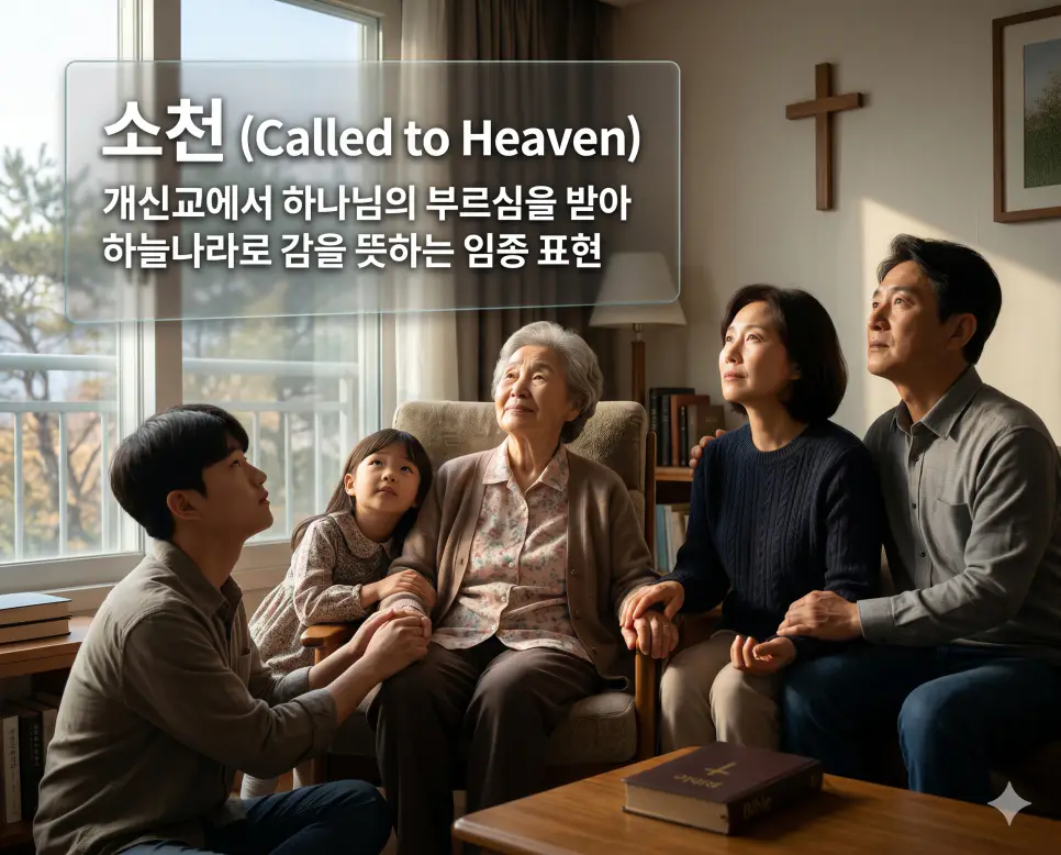 소천(Called to Heaven)의 개신교적 임종 개념을 즉각적으로 인지할 수 있도록, 밝고 평화로운 햇살이 쏟아지는 방 안에서 하나님의 부르심을 받아 하늘나라로 향하는 임종을 앞둔 한국인 할머니가 평온하고 소망 가득한 표정으로 누워 있고 그 곁을 지키는 가족들이 믿음 안에서 손을 잡고 기도하는 따뜻한 모습을 묘사한 고해상도 실사 이미지입니다. 이별의 슬픔을 넘어 천국 소망을 바라보는 기독교적 죽음의 본질을 인물들의 표정과 빛의 연출을 통해 직관적으로 시각화했습니다.