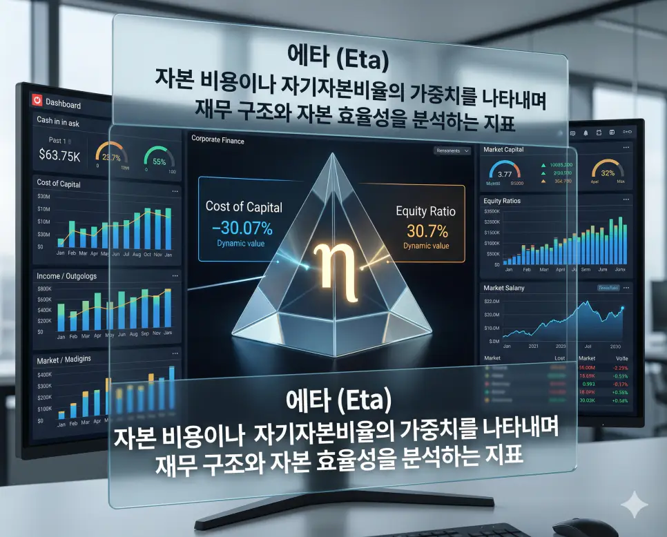 에타 뜻, 이오타 뜻, 파이 뜻: 금융 분석과 기술 혁신의 핵심 지표 1 에타 뜻을 설명하기 위해 기업의 자본 비용과 자기자본비율의 가중치를 분석하고 재무 구조의 상관관계를 조절하는 계수를 시각화한 극초실사 이미지