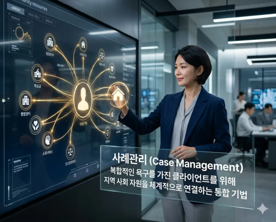 종결 뜻, 사례관리 뜻, 슈퍼비전 뜻: 사회복지 실천의 완성미와 전문성 2 사례관리 뜻을 시각화하기 위해 복합적인 욕구를 가진 클라이언트를 돕고자 지역 사회의 다양한 자원을 체계적으로 연결하는 통합적인 실천 기법을 담은 이미지