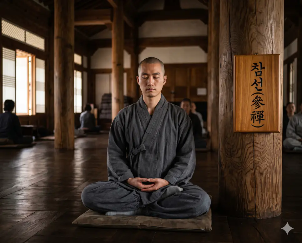 보살 뜻, 아라한 뜻, 참선 뜻: 중생 구제의 서원과 번뇌를 끊어내는 마음 수행법 3 참선 수행법 의미를 표기하기 위해 정갈한 명상 홀 내부에서 한 남성이 가부좌를 틀고 주체적으로 본래 성품을 깨닫기 위해 집중하는 인물 실사 이미지