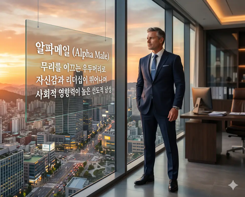 알파메일 뜻을 시각화하기 위해 자신감과 리더십이 뛰어나며 사회적 영향력을 갖춘 남성상의 모습을 초정밀 실사 이미지로 담은 시각 자료