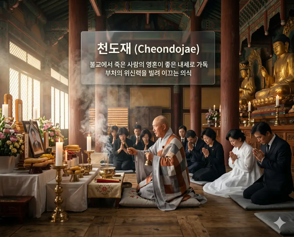 천도재(Cheondojae)의 신성한 불교적 의미를 완벽하게 직관적으로 전달하기 위해, 자욱한 향연과 은은한 금빛 조명이 가득한 법당 안에서 자비로운 표정의 스님이 죽은 사람의 영혼을 내세로 인도하는 위신력 있는 의식을 행하고 그 뒤에서 가족들이 간절히 기도하는 장면을 촬영한 고해상도 실사 이미지입니다. 영혼의 평안한 여정을 기원하는 의식의 본질을 인물들의 경건한 태도와 사찰의 신비로운 분위기를 통해 1초 만에 인지할 수 있도록 생생하게 구현했습니다.