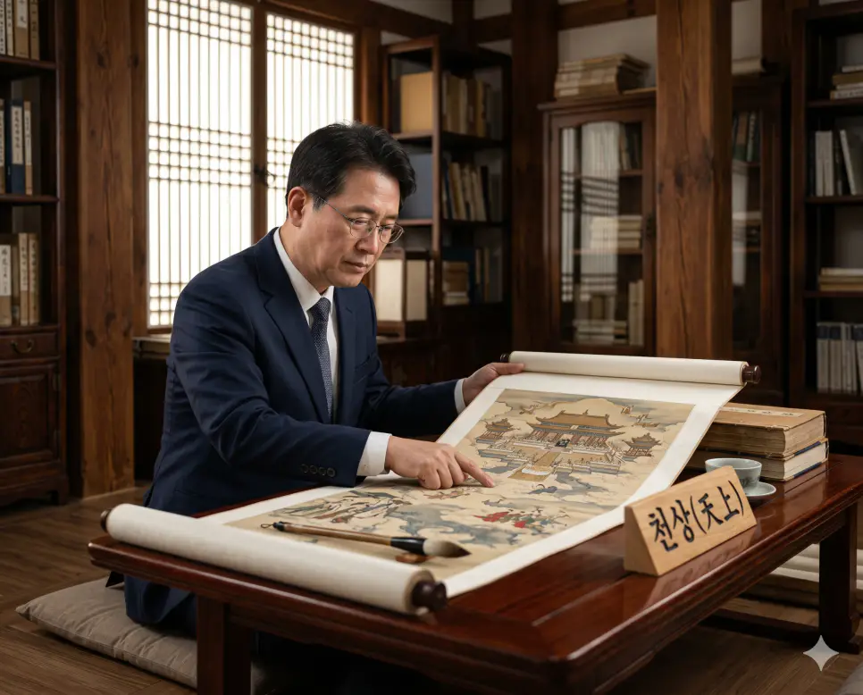 천상 뜻, 색즉시공 뜻, 시절인연 뜻: 우주의 본질을 꿰뚫는 진리와 자연의 법칙 1 천상 뜻 한계적 천상계를 설명하기 위해 개인 서재 내부에서 한 학자가 천궁이 묘사된 전통 스크롤화를 보며 사색하는 인물 실사 이미지