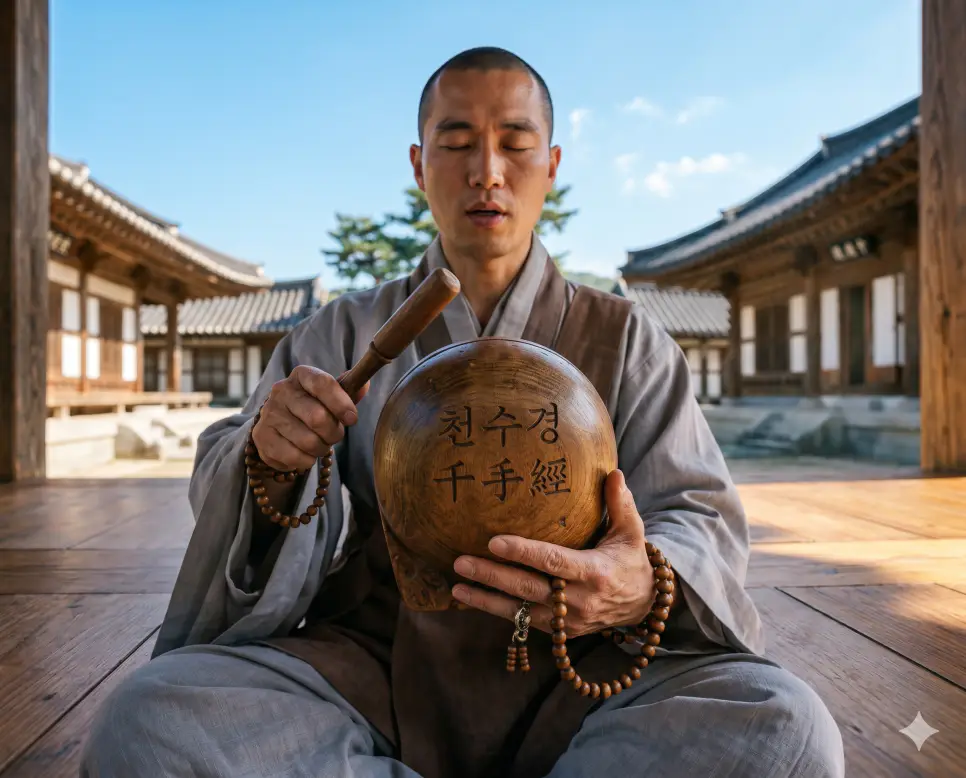 반야심경 뜻, 금강경 뜻, 천수경 뜻: 고정관념을 부수고 고통을 치유하는 성스러운 경전 3 천수경 자비로운 고통 치유 뜻을 표기하기 위해 사찰 마당에서 표면에 키워드가 조각된 목조 목탁을 두 손으로 쥐고 대중의 안녕을 위해 정성스레 정진하는 수행자의 극실사 이미지