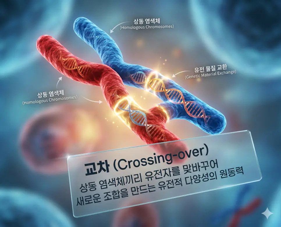 공진화 뜻, 교차 뜻, 지층 뜻: 유전적 상호작용과 지구의 기록 2 교차 뜻을 시각화하기 위해 상동 염색체끼리 유전자를 맞바꾸어 새로운 조합을 만들어내고 유전적 다양성을 높이는 생물학적 현상을 담은 이미지