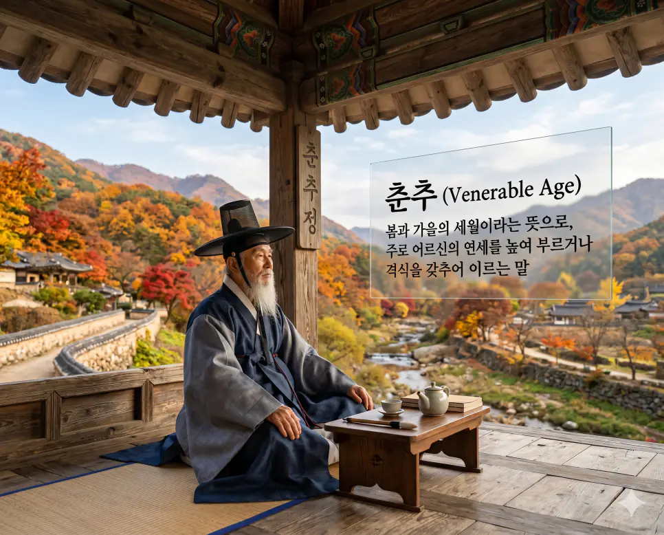 춘추(Venerable Age)의 격조 높은 예우 개념을 직관적으로 설명하기 위해, 고풍스러운 한옥 정자 안에서 단아한 전통 한복을 차려입은 한국인 어르신 학자가 깊어가는 가을 풍경을 바라보며 지혜롭고 온화한 표정으로 앉아 있는 모습을 촬영한 고해상도 실사 이미지입니다. 봄과 가을의 세월을 높여 부르는 고귀한 존칭의 무게감을 인물의 기품 있는 자태와 정취 있는 배경을 통해 한눈에 파악할 수 있도록 구현했습니다.