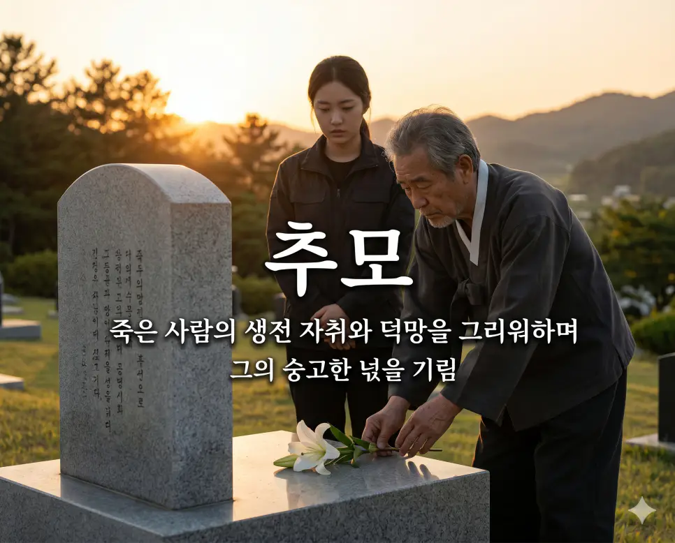 추모(Commemoration)의 숭고한 마음을 즉각적으로 인지할 수 있도록, 노을이 지는 평온한 실외 추모 공원에서 젊은 한국인 여성과 노신사가 고인의 생전 덕망을 기리는 존경과 그리움이 담긴 표정으로 소박한 석조 추모비 앞에 하얀 백합 한 송이를 정성스럽게 내려놓는 모습을 묘사한 고해상도 실사 이미지입니다. 고인의 넋을 기리는 숭고한 마음을 인물들의 따뜻한 교감과 정갈한 분위기를 통해 직관적으로 시각화했습니다.