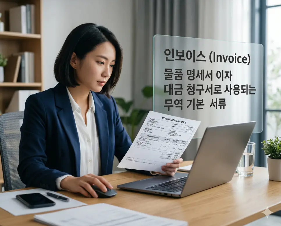 인보이스 뜻을 정의하기 위해 무역 거래 대금을 청구하고 명세를 확인하는 비즈니스 문서와 작업 환경 실사 이미지