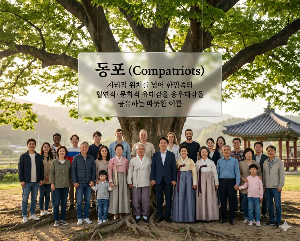 동포 뜻, 디아스포라 뜻, 재일교포 뜻: 한민족의 뿌리와 세계적 확산 1 동포 뜻을 설명하기 위해 전 세계 각지의 한민족이 혈연적·문화적 유대감을 바탕으로 하나로 뭉쳐 따뜻한 공동체 의식을 나누는 모습을 시각화한 이미지