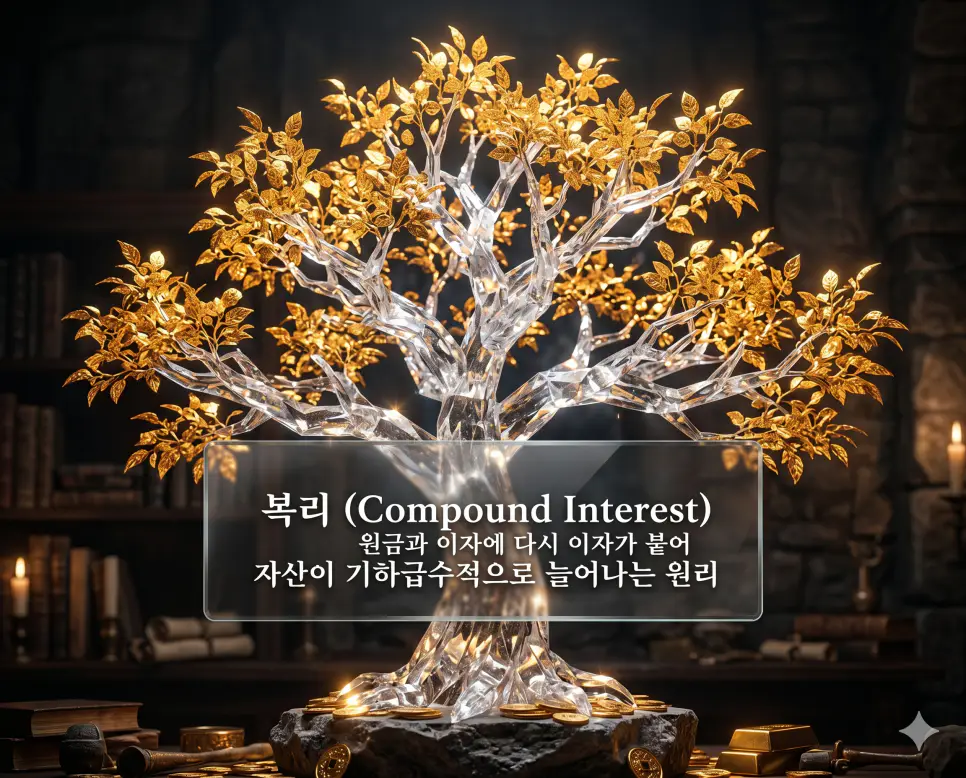 세력 뜻, 복리 뜻, 커버드콜 뜻: 시장 주체와 수익 극대화 전략 정리 2 복리(Compound Interest)의 자산 증식 원리를 설명하기 위해 원금과 이자에 다시 이자가 붙어 기하급수적으로 자라나는 크리스탈 나무를 시각화한 초정밀 실사 이미지입니다. 시간이 흐를수록 자산이 마법처럼 늘어나는 장기 투자의 핵심 가치를 생동감 있게 담아냈습니다.