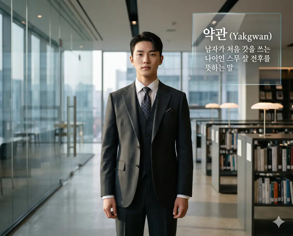 묘령 뜻, 약관 뜻, 고희 뜻: 인생의 가장 아름다운 나이와 연령별 전통 명칭 완벽 정리 2 약관(Yakgwan)의 당당한 성인으로서의 시작을 직관적으로 설명하기 위해, 세련된 현대적 도서관을 배경으로 깔끔한 수트를 입고 확신에 찬 표정으로 정면을 응시하는 20세 전후 한국인 남성의 모습을 촬영한 고해상도 실사 이미지입니다. 남자가 처음 성인이 되어 사회로 나아가는 스무 살 전후의 패기와 책임을 인물의 진취적인 눈빛과 정돈된 분위기를 통해 한눈에 파악할 수 있도록 구현했습니다.