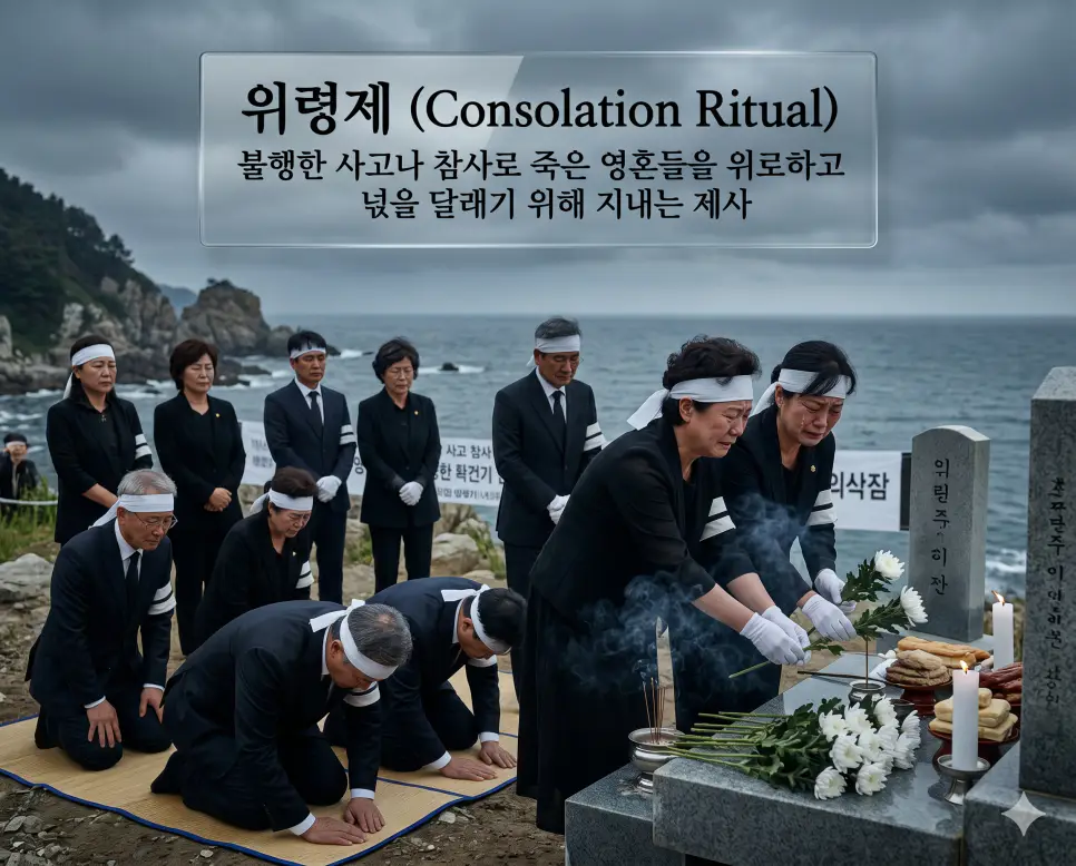 위령제(Consolation Ritual)의 정서적이고 무거운 개념을 직관적으로 설명하기 위해, 흐린 하늘 아래 차분한 바닷가 위령비 앞에서 흰색 상복 띠를 두른 한국인 유가족들이 사고로 떠난 영혼들의 넋을 달래며 하얀 국화를 헌화하고 정중히 고개를 숙여 위로하는 풍경을 근접 촬영한 고해상도 실사 이미지입니다. 불행한 참사로 희생된 이들을 기리는 슬픔과 예우를 인물들의 비통한 표정과 차분한 배경을 통해 한눈에 파악할 수 있도록 구현했습니다.