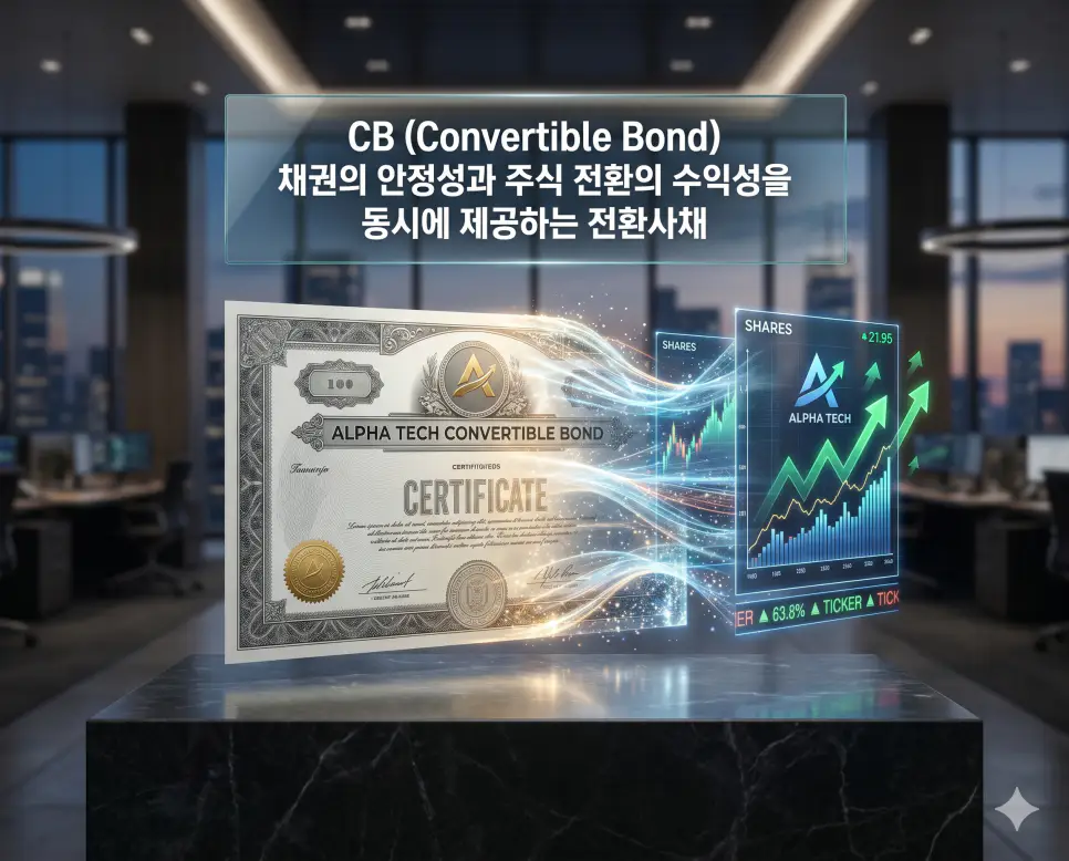 CB 뜻을 설명하기 위해 채권의 권리와 주식으로의 전환 권리가 결합된 전환사채의 하이브리드 특성을 디지털 변환 효과로 담은 시각 자료