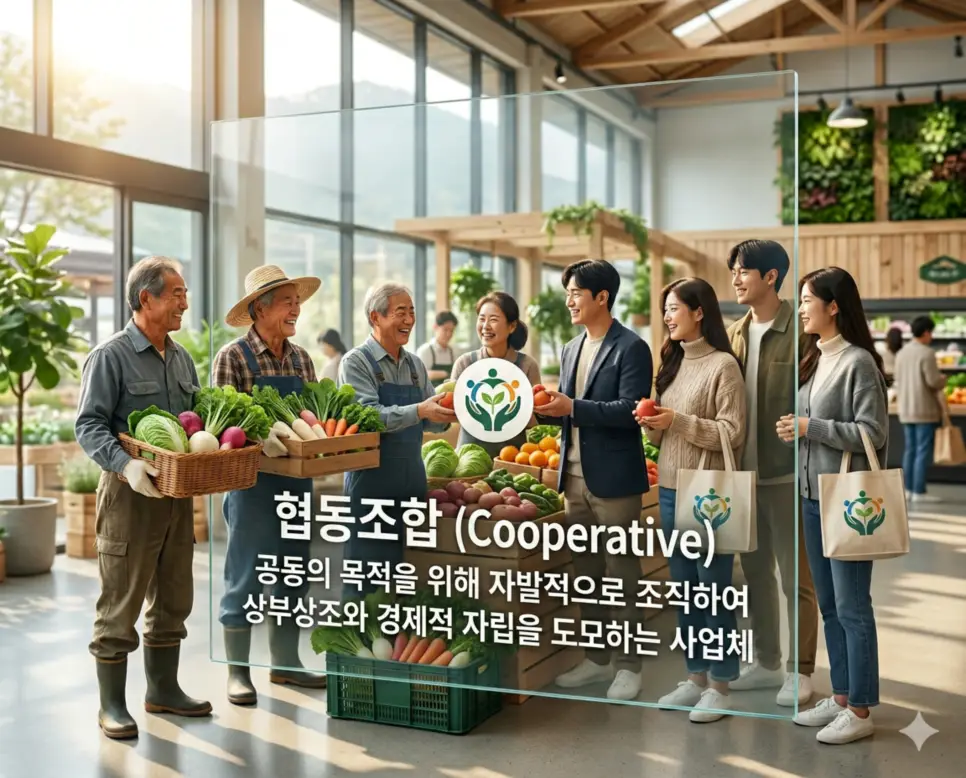 복지국가 뜻, 민영화 뜻, 협동조합 뜻: 공공의 행복과 경제적 연대 3 협동조합 뜻을 설명하기 위해 구성원들이 공동의 목적을 달성하고자 자발적으로 조직하여 상부상조와 민주적 운영을 실천하는 인간 중심 경제 모델을 표현한 시각 자료