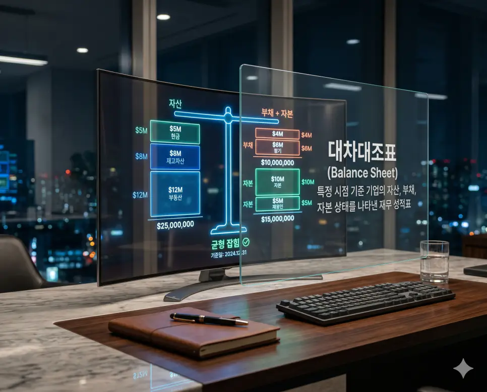 대차대조표 뜻, 유동비율 뜻, 멀티플 뜻: 재무 상태와 기업 가치 판단하기 1 대차대조표 뜻을 설명하기 위해 기업의 자산, 부채, 자본이 완벽하게 균형을 이루는 재무 성적표의 모습을 극초실사 이미지로 시각화한 자료