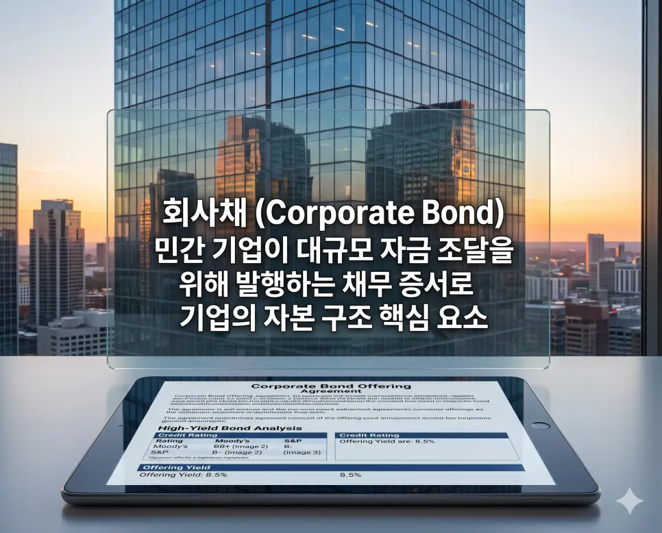회사채 뜻을 설명하기 위해 기업이 장기적인 자금 조달을 위해 발행하는 채무 증서와 그에 따른 투자 분석 상황을 상징적으로 표현한 자료