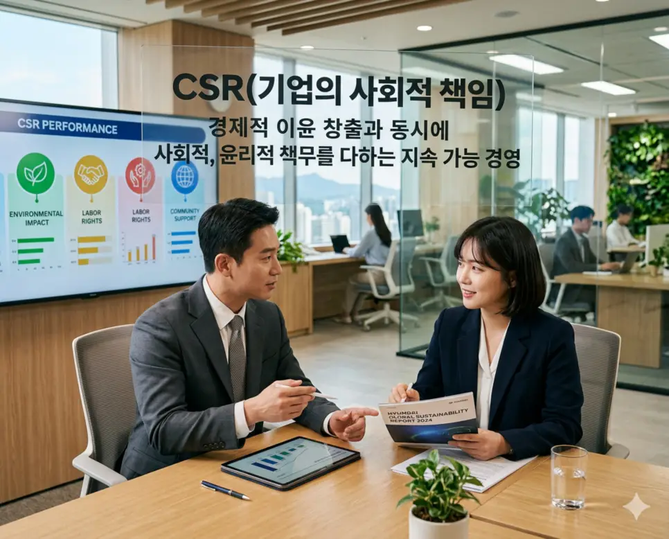 CSR 뜻을 설명하기 위해 기업이 경제적 이윤 창출과 동시에 법적, 윤리적, 사회적 책무를 다하는 지속 가능 경영 이념을 표현한 시각 자료