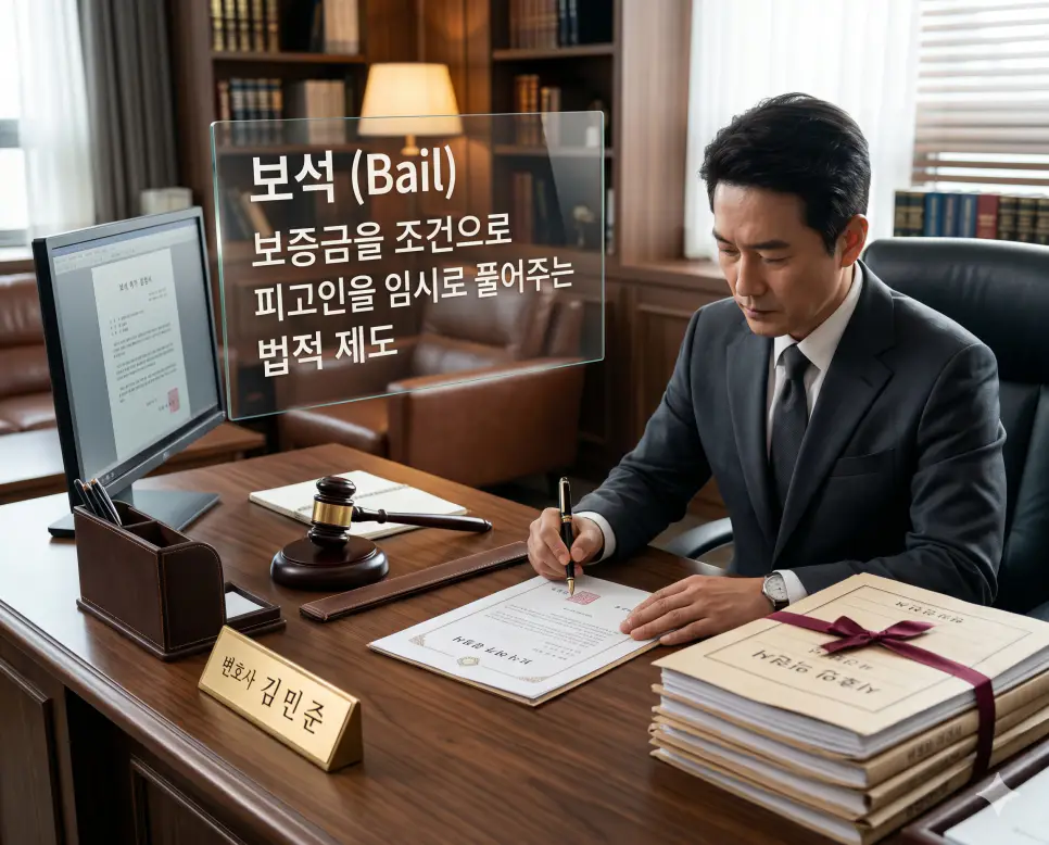 보석 뜻을 정의하기 위해 법률 사무소에서 피고인의 방어권 보장을 위한 보석 서류를 검토하는 전문가의 실사 이미지