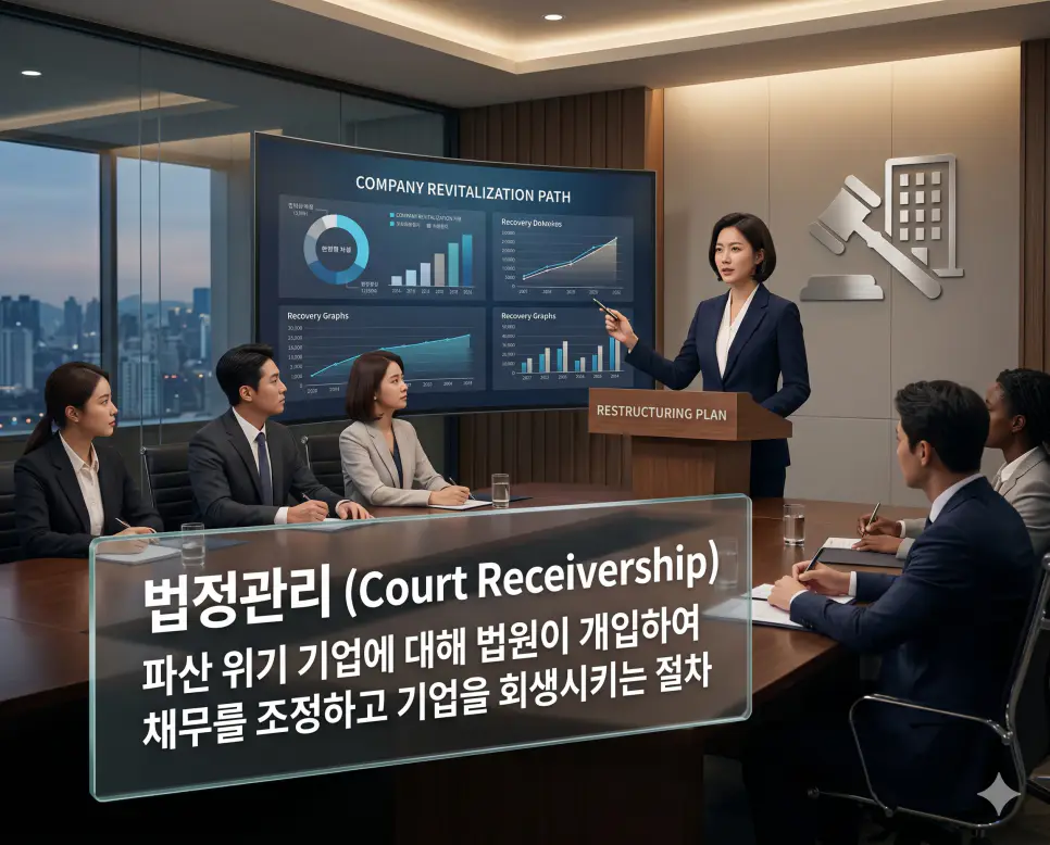 법정관리 뜻을 설명하기 위해 재정적 어려움에 처한 기업이 법원의 감독 아래 채무를 조정하고 경영을 정상화하는 회생 절차를 담은 시각 자료