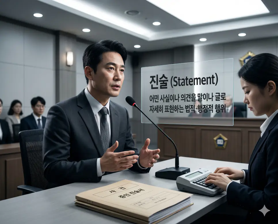 진술(Statement)의 법률적·행정적 개념을 즉각적으로 인지할 수 있도록, 엄숙한 분위기의 법정 조사실에서 차분하면서도 진중한 표정의 한국인 목격자가 데스크 마이크로폰에 대고 손짓을 해가며 자신의 의견을 상세히 말하고 있고 그 옆으로 법원 속기사가 공식 사건 파일철을 보며 정밀하게 타이핑하는 모습을 묘사한 고해상도 실사 이미지입니다. 어떤 사실이나 의견을 말이나 글로 자세히 표현하는 진언 과정의 책임감을 인물의 행동과 무거운 사법 분위기를 통해 직관적으로 시각화했습니다.