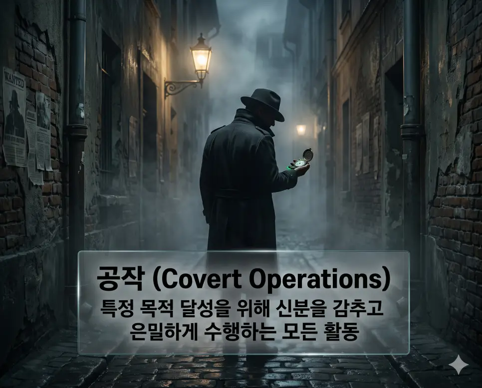 방첩 뜻, 공작 뜻, 정보 뜻: 국가 기밀 방어 활동과 은밀한 비밀 작전 및 분석된 지식 자산 확인 2 공작 뜻을 시각화하기 위해 안개 낀 어두운 거리에서 신분을 숨긴 채 은밀한 비밀 임무를 수행하는 요원의 모습을 묘사한 고품격 실사 사진