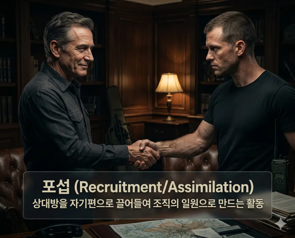 전향 뜻, 포섭 뜻, 회유 뜻: 신념의 반대 방향 변절과 자기편 조직원 확보 및 심리적 유인 행위 확인 2 포섭 뜻을 시각화하기 위해 비밀 아지트에서 유능한 인재를 자기 조직원으로 만들기 위해 악수하는 첩보 요원들의 실사 사진