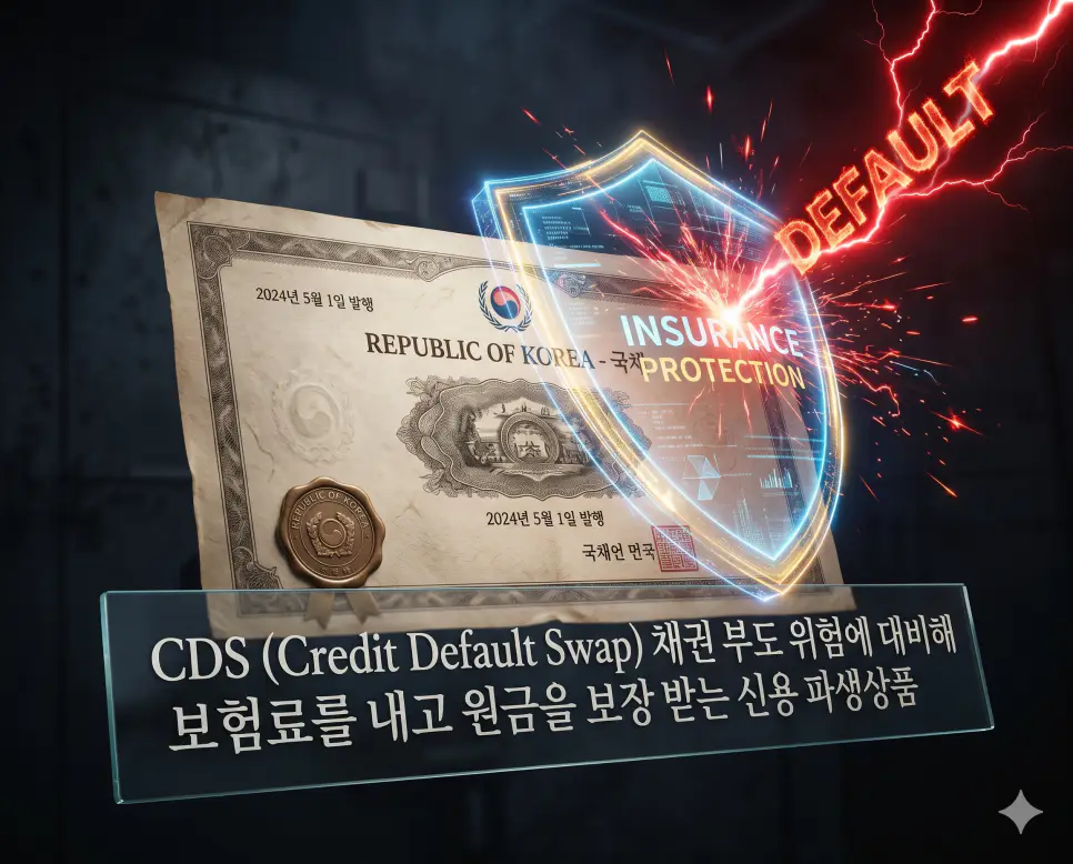 스왑 뜻, CDS 뜻, 리츠 뜻: 금융 리스크 관리와 부동산 간접 투자 정리 2 CDS(Credit Default Swap)의 원리를 설명하기 위해 채권을 발행한 기업이나 국가의 부도 위험을 상징하는 붉은 번개를 황금색 디지털 보험막이 완벽하게 방어하는 모습을 담은 초정밀 실사 이미지입니다. 신용 위험이라는 무형의 리스크를 분리하여 원금을 보장받는 신용 파생상품의 안정적인 특성을 극적으로 시각화하였습니다.